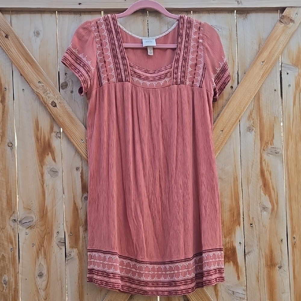 Knox Rose, boho, coral spice color, festival mini dress/tunic with cap sleeves
